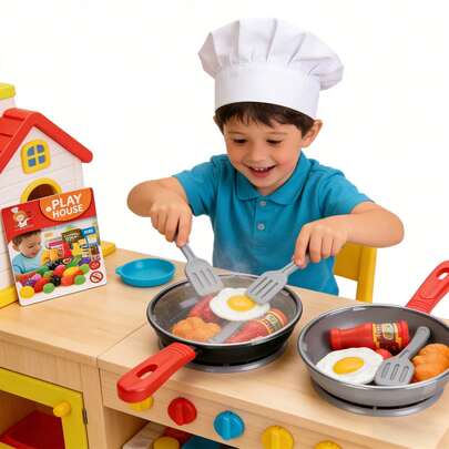 Tecforood 8件套儿童早餐烹饪玩具套装，含平底锅和仿真食物 | 创意迷你厨房角色扮演食物套装，包含鸡蛋、香肠、牛排和蔬菜，互动模拟烹饪玩具，激发想象力，促进亲子互动，在家体验厨房乐趣 | 非常适合作为生日礼物、万圣节派对礼物、圣诞礼物、游戏聚会礼物、室内角色扮演场景礼物、家庭游戏时间礼物和节日礼物