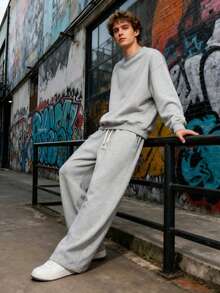 2pcs/Set Unisex Casual Pullover Sweatshirt And Sweatpants, Long Sleeve Pullover, Regular Style, Knit Fabric, Solid Color Spring - Light Grey - View 2