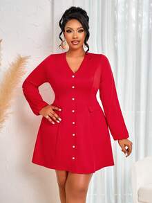 BIUBIU Đầm dài tay cổ chữ V màu đỏ cỡ lớn, có cúc và túi, chất liệu vải dệt kim, dáng xòe đến đầu gối. - Đỏ sáng - Xem 8