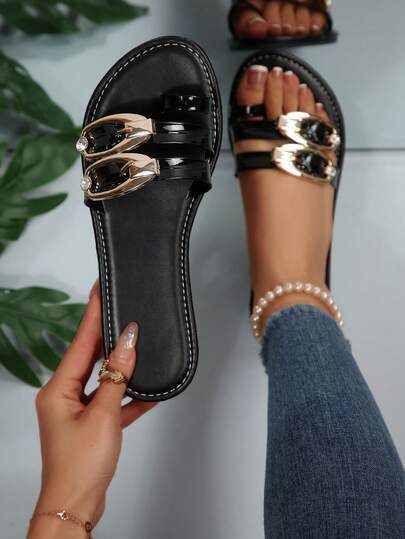 Sandalias planas de mujer con hebilla de metal con adornos de strass, diseño brillante, estilo sexy retro, moda callejera popular europea y americana, cómodas, versátiles para uso diario y citas