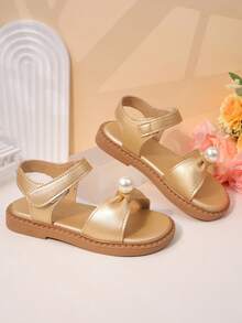 1双儿童金色金属珍珠装饰凉鞋 - 可调节踝带，柔软平底，甜美日常/户外玩耍鞋，适合小女孩 - 玫瑰金 - 查看 7