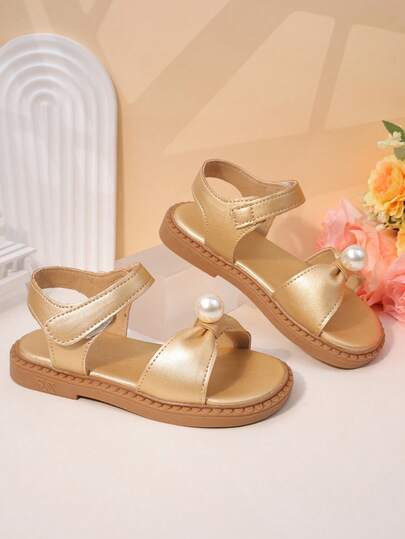1双儿童金色金属珍珠装饰凉鞋 - 可调节踝带，柔软平底，甜美可爱，适合日常穿着/户外玩耍，适合小女孩