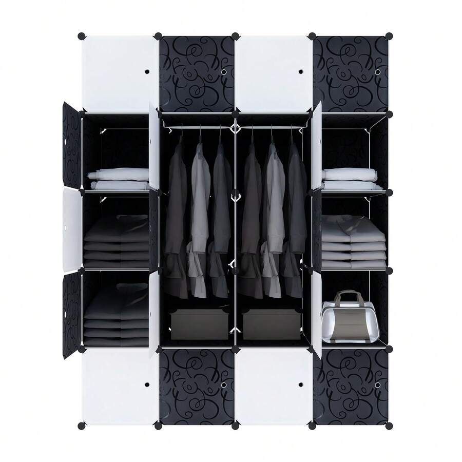 20-Cube PP Wardrobe, 2 Bars, Multi-Purpose, Dimensions 145x178x37cm, Black/White - Black - View 1