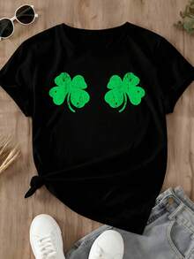 Cute Clover Print T Shirt Black St Patrick's Day Four Leaf Clover Design Women Casual Wear For Festival Party And Everyday Outfits - 黑色 - 查看 3