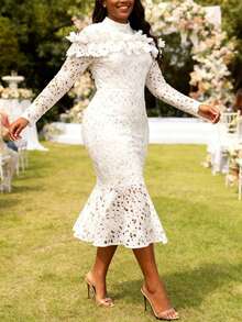 Women Elegant White Lace Mermaid Midi Dress With Mock Nock Long Sleeve Perfect For Evening Party Wedding Guest - White - View 4