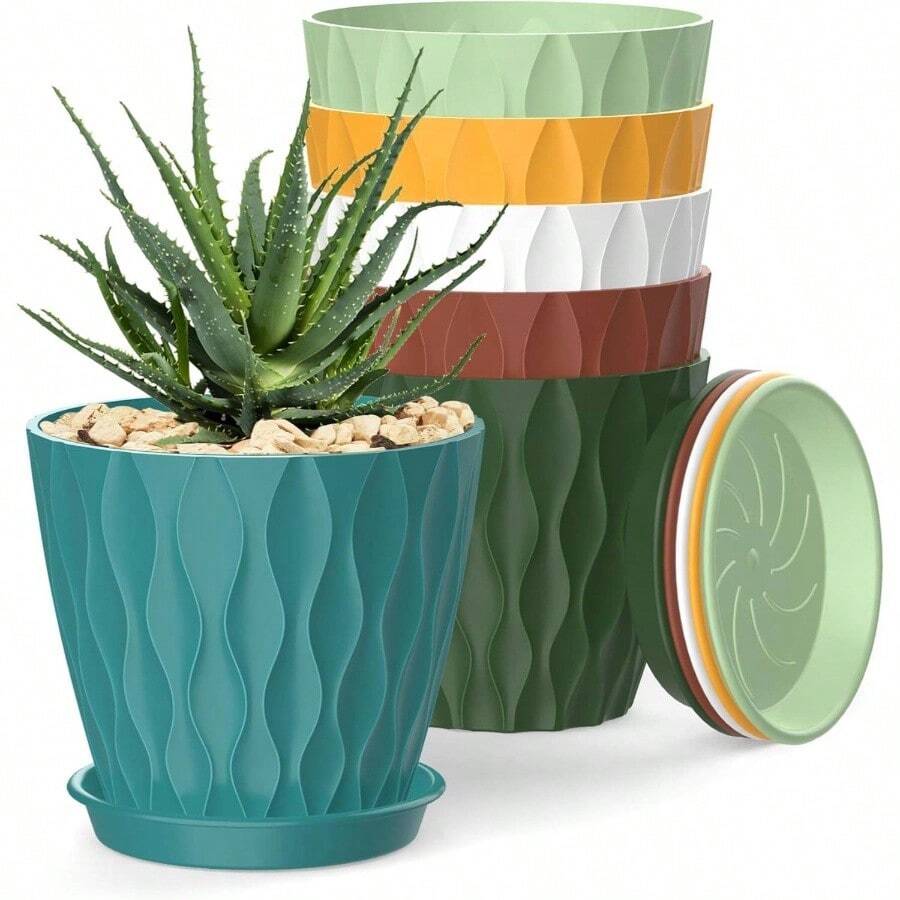 Inch Plant Pots 5 Pack, Flower Planters With Drainage Holes And Trays, Plastic Pots Indoor Outdoor Plants, White - 彩色 + 4英寸 - 查看 1