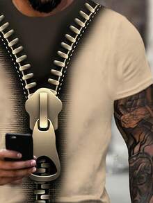 Mens 3D Zipper Print Geometric Pattern T-Shirt - Short Sleeve Crew Neck, Polyester Blend, Machine Washable, Casual Sports Design For Casual Attire & All-Season Comfort, Versatile Clothing, Modern Fashion, Comfortable Fabric, Printed Top, Fashion - 混合色 - 查看 6