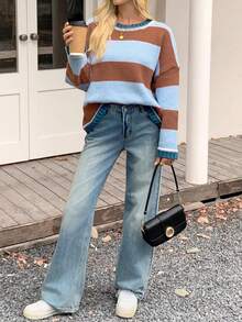 Womens Oversized Sweaters Casual Long Sleeve Striped Color Block Crewneck Knitted Loose Fall Pullover Tops - Hồng - Xem 10