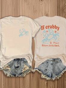 Double-Sided Printing, Ladies' T-Shirts, Ladies' -Blend T-Shirts, Independence Day, Gifts-Crabby Crab Print T-Shirt - Fun & Quirky Beach-Themed Design For Summer Outfits, Perfect For Vacation Wear And Coastal Lovers - 杏色 - 查看 1