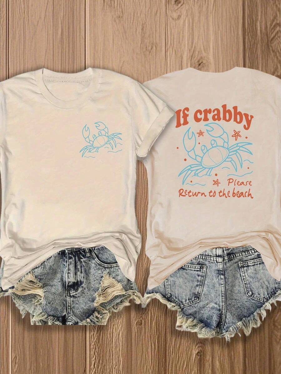 Double-Sided Printing, Ladies' T-Shirts, Ladies' -Blend T-Shirts, Independence Day, Gifts-Crabby Crab Print T-Shirt - Fun & Quirky Beach-Themed Design For Summer Outfits, Perfect For Vacation Wear And Coastal Lovers - 杏色 - 查看 1