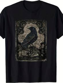 Camiseta gráfica exclusiva de cuervo gótico - Hecha de 100%, camiseta oscura de bruja para hombres con un diseño detallado de cuervo, ajuste cómodo, mangas cortas, ideal para moda gótica o mística, ropa para eventos góticos, camiseta con estampado cautivador con L - Negro - Ver 2
