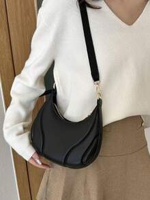 US-Based Fast Delivery | Minimalist Black Curved Hobo Bag - Soft Pu Leather Half-Moon Shoulder Bag With Gold-Tone Hardware, Adjustable Strap Crossbody Purse For Daily Outfits, Sleek Structured Design Elegant Handbag, Versatile Casual & Office Small Bag For Women,  Modern Minimalist Fashion Accessory - 黑色 - 查看 9