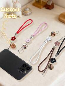 1pc Custom Photo Phone Lanyard, Creative Woven Leather Phone Strap, Floral Woven Phone Chain, Short Wrist Strap Design, Simple Yet Personalized, Suitable For Birthdays, Anniversaries, Gifts, Or Everyday Use. - Multicolor - View 8