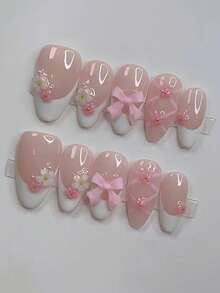 10片杏仁形甜美蝴蝶结美甲贴纸，可爱芭蕾舞风格，多功能高端手工美甲贴纸，适合日常佩戴，按压式美甲贴纸，假指甲，美甲用品，手工按压式美甲贴纸 - 彩色 - 查看 1