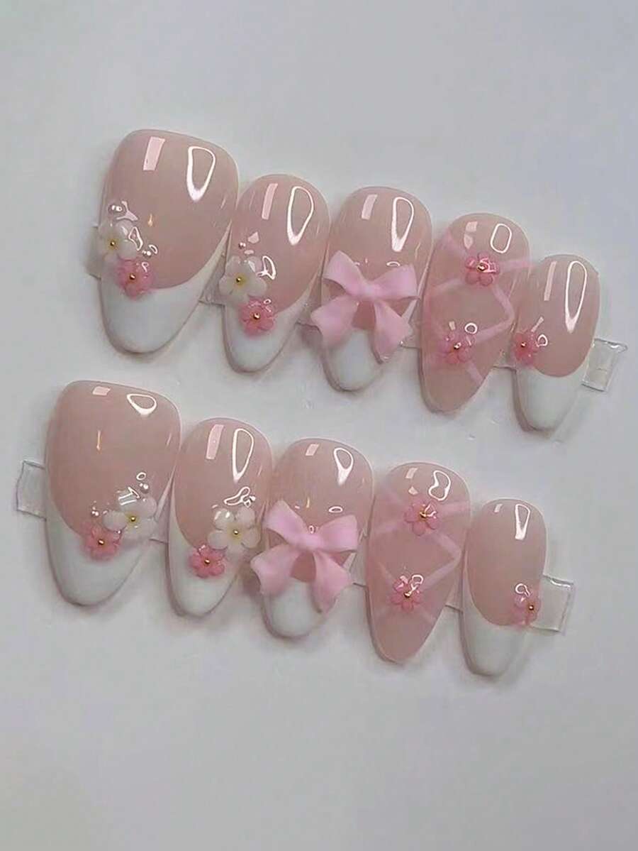 10片杏仁形甜美蝴蝶结美甲贴纸，可爱芭蕾舞风格，多功能高端手工美甲贴纸，适合日常佩戴，按压式美甲贴纸，假指甲，美甲用品，手工按压式美甲贴纸 - 彩色 - 查看 1