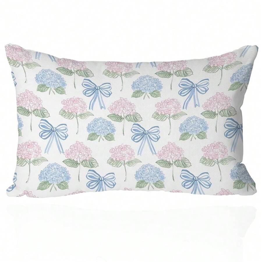 Vintage Hydrangea Pillow Cover 12x20 – Pastel Floral Cushion With Blue Bows – Grandmillennial Cottagecore Throw Pillow For Coquette Bedroom Or Feminine Home Decor - 繡球花和弓 - 查看 1