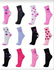 Kit Of 12 Pairs Of Women's High-Top Socks, Printed, Adult, Comfortable, Multicolor, Size 35-40 - Nhiều màu - Xem 1