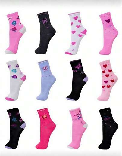 Kit Ate 12 Pares de Meias Cano Alto Feminina Estampada Adulto Confortável Multicolorido Tamanho 35-40
