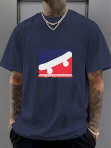 Men's Cotton T-Shirt With Skateboard Pattern - 藏蓝色 - 查看 1