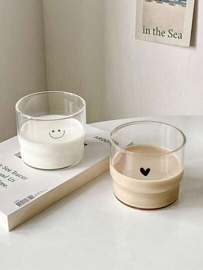 一套印有爱心和笑脸图案的早餐杯，适用于咖啡馆、家庭、餐厅、节日派对、节日礼物、酒店、婚礼、微波炉和烤箱；冷萃咖啡杯 | 冰牛奶杯 | 早餐杯 | 圆形马克杯 | 简约咖啡杯 | 节日 | 情人节礼物 | 冷饮杯 | 生日礼物