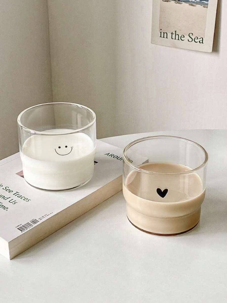 1 Set Heart & Smiling Face Printed Breakfast Cups, Suitable For Cafe, Home, Restaurant, Holiday Party, Festival Gift, Hotel, Wedding, Microwave & Oven ; Cold Brew Coffee Cup | Iced Milk Cup | Breakfast Cup | Round Mug | Minimalist Coffee Cup | Festival | Valentine's Day Gift | Cold Drink Cup | Birthday Gift - Multicolor - View 1