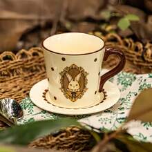 优雅复古兔子图案陶瓷早餐杯碟套装 - 波点饰边和精美边框，釉面工艺饮具，适用于日常居家使用、早餐、聚会和婚礼 - 彩色 - 查看 9