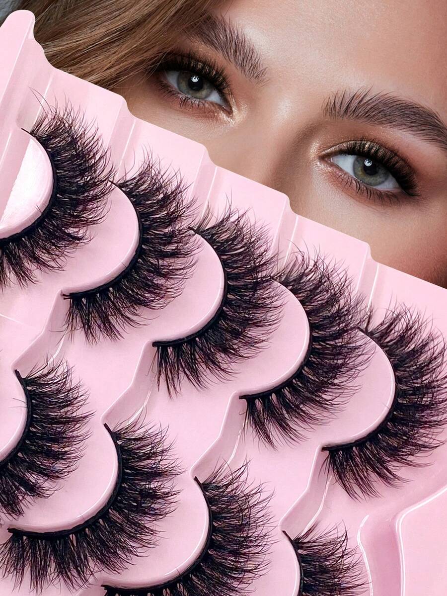 ENCHUW 5 Pairs False Fluffy Russian Strip Lashes 3D Fake Lashes Makeup Messy False Eyelashes Fluffy Thick Lashes Volume D Curly Fake Eyelashes - Black - View 1