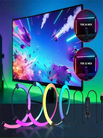 1 st USB - 3-sidig skärmlampa kompatibel för 24/32-tums skärmar - USB - LED-bakgrundsbelysning, Plug-and-Play-ljusramp för spel och dator, USB - (inget uttag behövs)