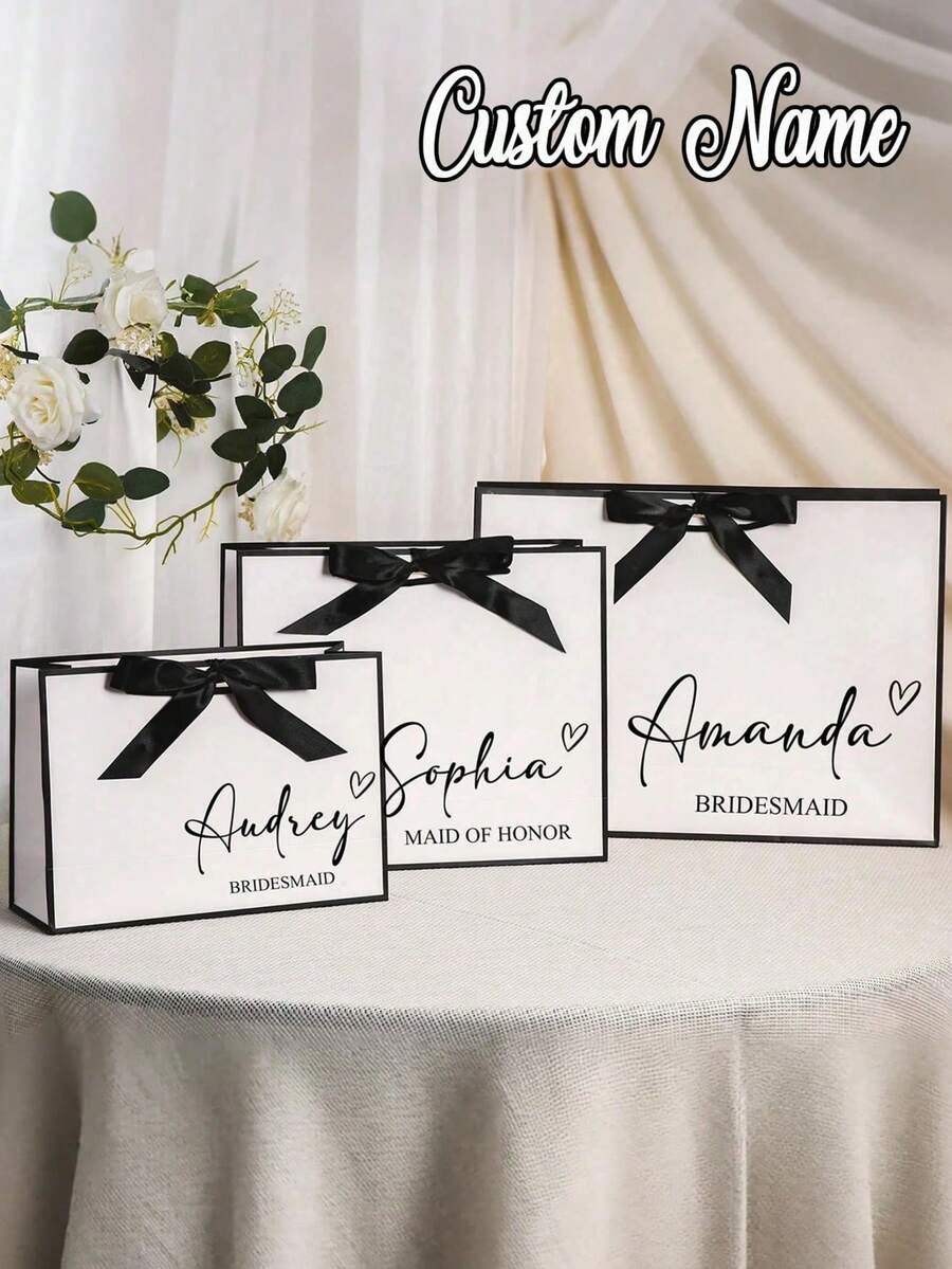 1pc Customized Wedding Gift Bag, Customized Paper Bag, Customized Bridesmaid Gift Box, Bridal Shower, Customized Birthday Gift Bag, Wedding Gift Bag, Bridesmaid Gift Bag, Engagement Gift Bag, Party Gift Bag, Ribbon Tie Gift Bag, Suitable For Holding Small Jewelry, Lingerie, Clothing, Great For Gift Giving. - Multicolor - View 1