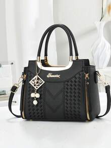 New Elegant Women's Handbag, Classic Stylish Durable Casual Tote Bag, Versatile For All Seasons, Suitable For Travel And Shopping, Large Capacity, Shoulder And Crossbody Strap, Comes With Accessory - Black - View 1
