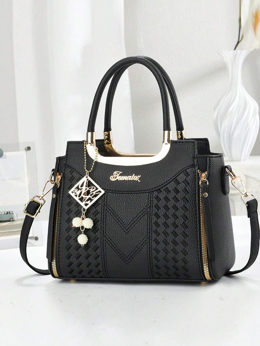 New Elegant Women's Handbag, Classic Stylish Durable Casual Tote Bag, Versatile For All Seasons, Suitable For Travel And Shopping, Large Capacity, Shoulder And Crossbody Strap, Comes With Accessory - Black - View 1