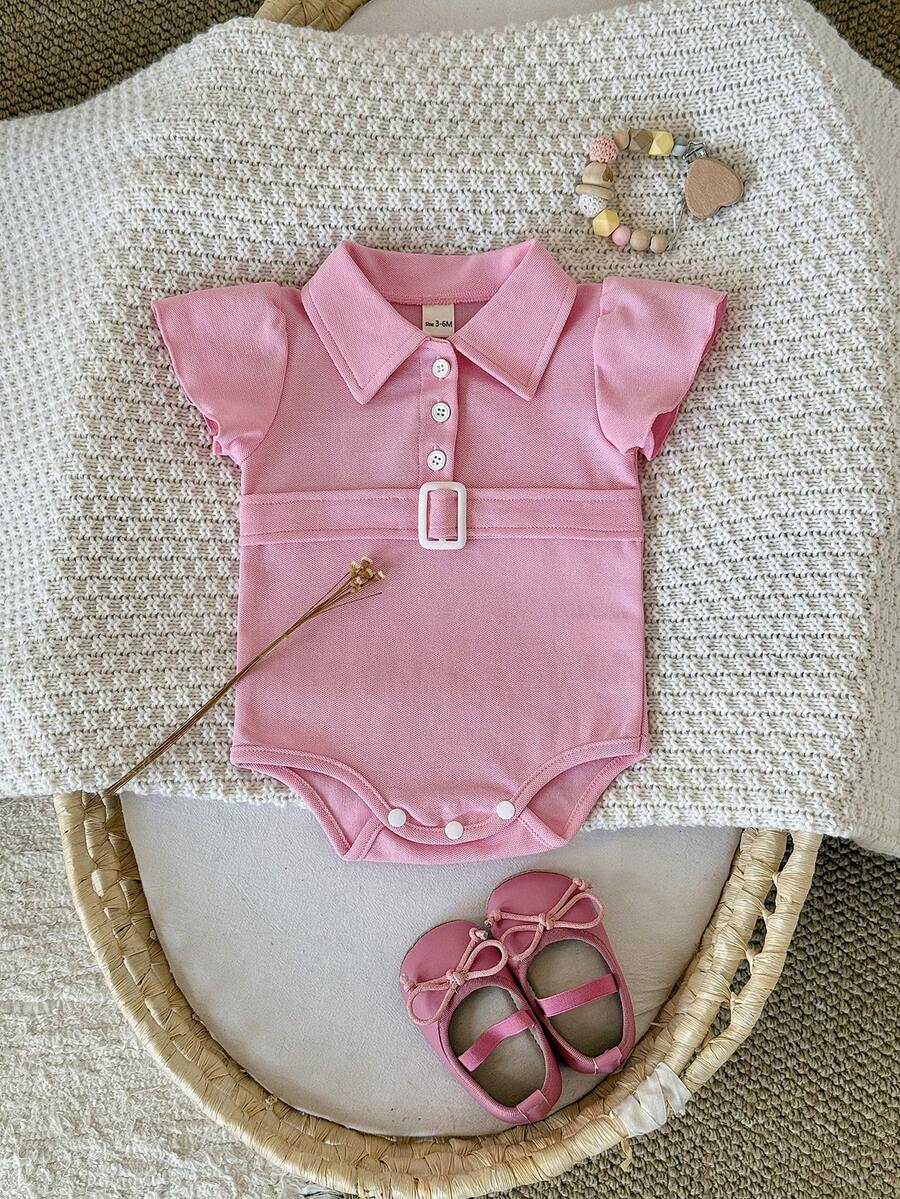 Newborn Baby Girl Pink Collar Cap Sleeve Romper