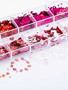 12-Compartment Box Valentine's Heart & Lip Shaped Nail Glitter Sequins Nail Art Decorations