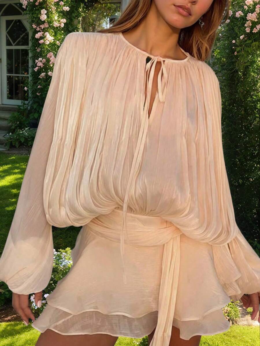 Millennium Style Tie-Up Ruffle Collar Double Layer Ruffle Lantern Sleeve Shirt Dress, Without Belt, Women's Wedding Guest Dress, Suitable For Formal Occasions, New Year, Valentine's Day, Wedding Season, Etc. #Evening Gown - Pink Orange - View 1