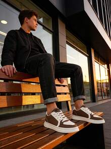 Men's Fashion Sneakers, Brown White Chunky Platform Lace-Up Shoes, Skate Style Casual Shoes - Cool Gift For Him, Skateboarding Inspired Design - 米色 - 查看 6