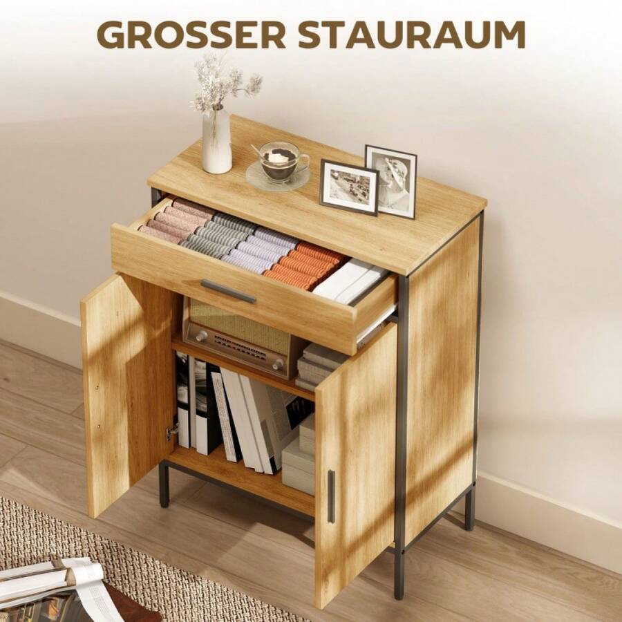 Armoire de salle de bain, étagères à deux niveaux, grand tiroir, style industriel, look chêne sur site - Multicolore - Voir 1