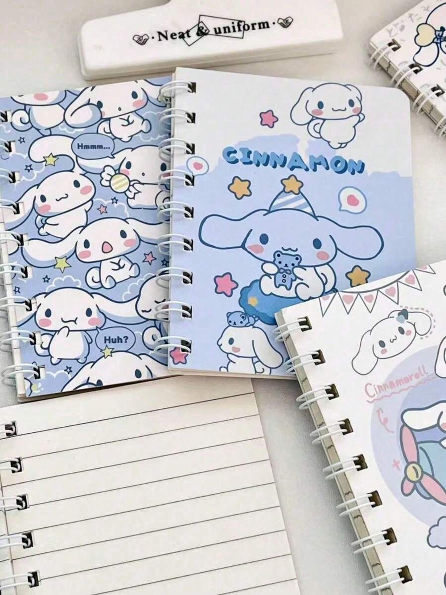 4pcs/Set Light Blue Cartoon Spiral Notebook Portable Coil Notebook Student Classroom Notes/Daily Handbooks Girl Heart Stationery New Year's Gift, Valentine's Day Gift, Easter Gift (Stochastic Style) - Multicolor - View 1