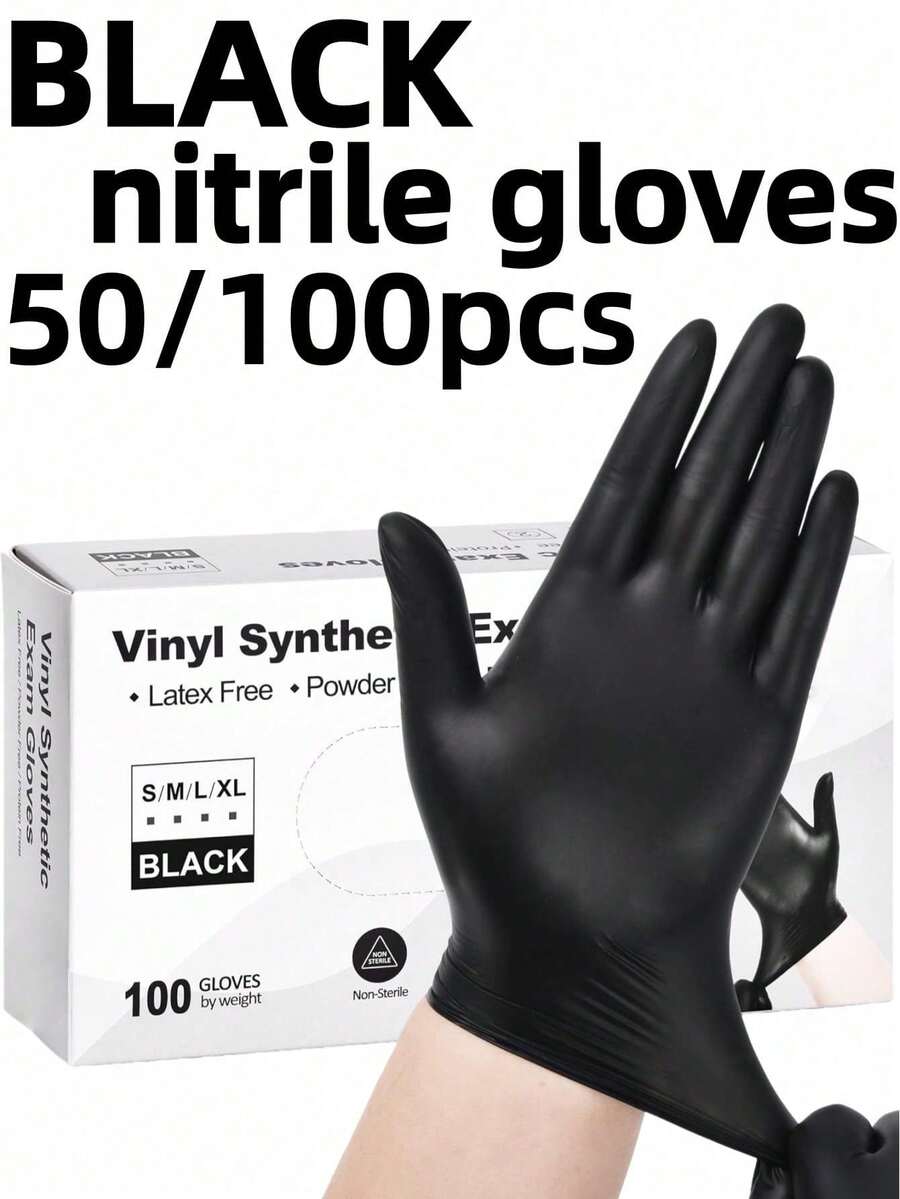 100只装一次性黑色丁腈手套，防水、防静电、多用途手套，适用于洗碗、家务清洁、防滑、无粉，适用于纹身、染发、宠物、美发沙龙、清洁用品和家用工具（无包装盒）