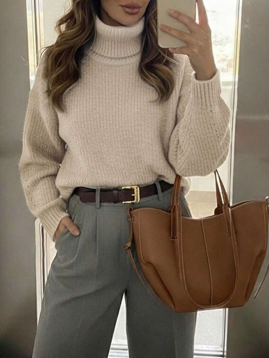 SEREN 冬季新款高领长袖加厚毛衣，女士宽松休闲时尚针织上衣，适合日常穿着 - 卡其色 - 查看 1