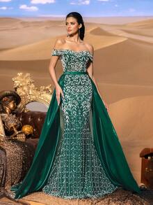 Faeriesty Vestido de sirena con hombros descubiertos y cuentas para mujer, con bordado de lentejuelas plateadas intrincado, cintura acentuada con cinturón ancho y diseño de abertura alta, adecuado para eventos de gala, cenas formales, bodas de lujo en la playa y ocasiones de alfombra roja. - Verde Oscuro - Ver 3