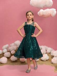 ALISA&LEO Girls' Sleeveless Sequin Pageant Dress With Ruched Bodice, V Neckline And Bow Back​ - Flower Girl Dress, Birthday Party, Pageant Gown, Holiday Celebration - Dark Green - View 2