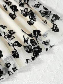 Girls' Fashion Ruffle Sleeve Summer Dress, With Butterfly Sheer Overlay, Ruffle Sleeves, Cool Soft Solid Vertical Striped Ruffle Sleeve Contrast Flocked Butterfly Mesh Princess Dress, Suitable For Casual Daily, Birthday, Outing, Party - Black - View 5