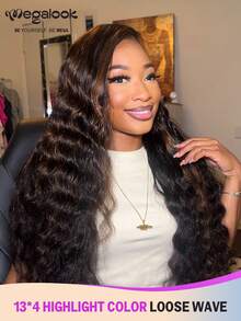 MEGALOOK 13x4 #30 高光蓬松深波浪蕾丝前假发，100% 真人发，180% 密度，透明蕾丝前假发，巴西真人发，预先拔毛，蓬松卷发假发 - SNATURAL/30 - 查看 1