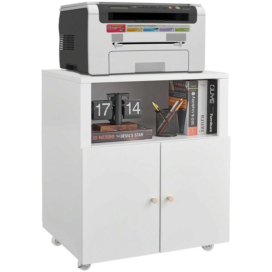 Techigher Metal Printer Stand, Printer Cabinet With Storage, Mobile Printer Table With Wheels & 2 Door, Metal File Cabinet For Home Office Small Spaces - White -4 Compartment - View 1