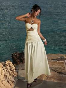 Un vestido largo de verano, un vestido de playa sexy y transparente de unicolor sin tirantes, adecuado para usar como un vestido largo para la fiesta del Día de San Valentín. Boda - Amarillo - Ver 3