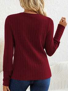 Ribbed Crew Neck-Shirt Elegant Long Sleeve Top Spring Autumn Two Seasons Autumn Winter Knitted Ribbed Base Shirt Solid Color Crew Neck Elastic Ribbed Long Sleeve-Shirt - Burgundy - View 5
