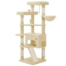HaluPeit Cat Tree, 153 Cm, Spacious And Stable, With 6 Scratching Posts, 1 Comfortable Large Cat House, 3 Large Platforms, Cat Basket, Pom-Poms, Scratching Board, Beige - Beige - View 8