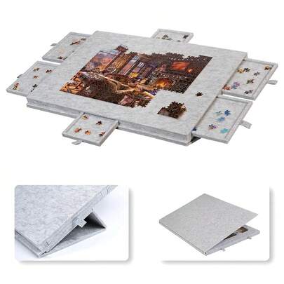 Lightweight Felt Jigsaw Puzzle Board Portable Puzzle Storage Table W/ 6 Slid Drawer 1000pcs For Adults Light Grey/Dark Grey