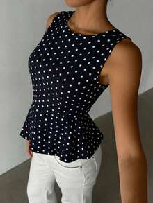 女士新款波点无袖梭织面料交叉领喇叭下摆背心，适合度假、海滩、日常、派对、休闲、通勤、夏季假日等场合。 - 黑與白 - 查看 3