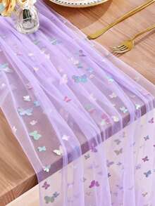 1Pc Purple Butterfly Organza Table Runner,Laser Butterfly Table Cover,75*180cm Mesh Gauze Silvery Stamping Butterfly Tablecloth,Butterfly Theme Birthday Party Supplies,Butterfly Party Decorations,Gender Reveal Party Decor,Wedding Accessories,Bridal Shower Favors,Babyshower Decorations,Engagement Banquet Decor,Kitchen Decor,Spring Decorations - Purple Butterfly - View 2